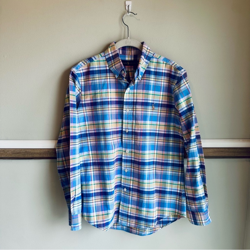 Ralph Lauren Shirt Blue Madras Plaid Oxford Cloth Flesh Pony Button Up​